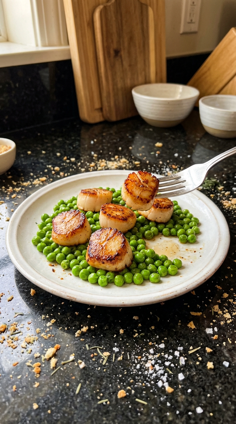 Crispy Seared Scallops with Peas