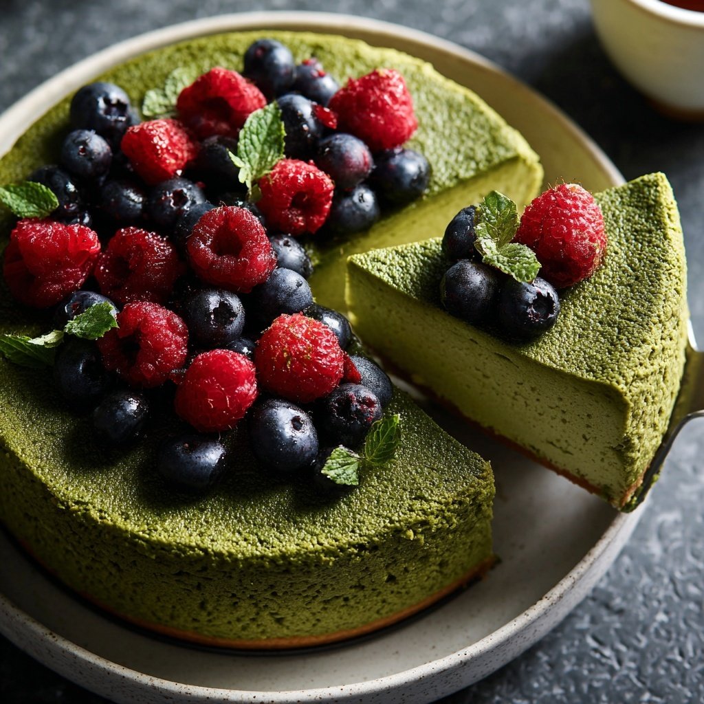 Japanese Matcha Cheesecake with Berries
