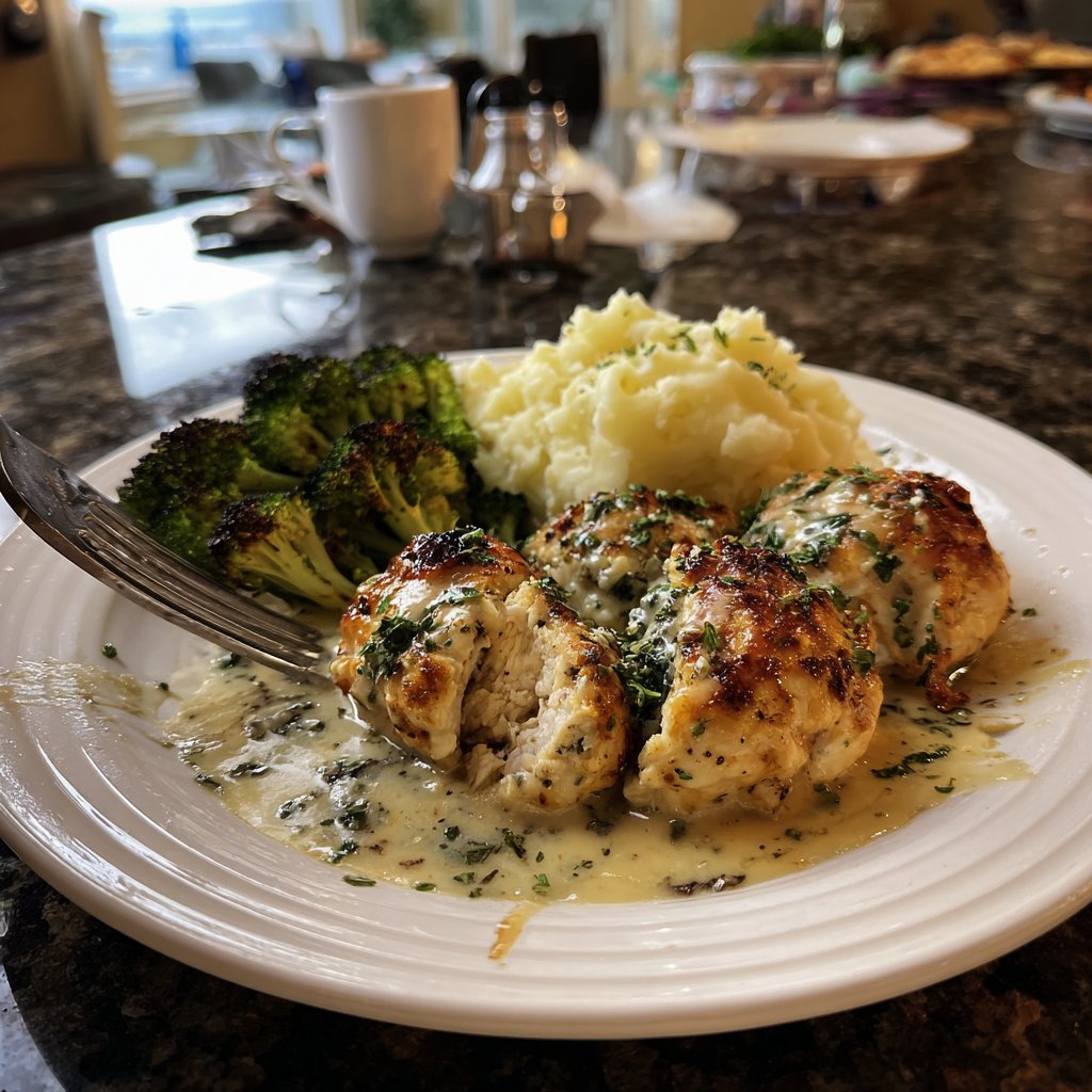 Creamy Herb Chicken with Mashed Potatoes and Roasted Broccoli