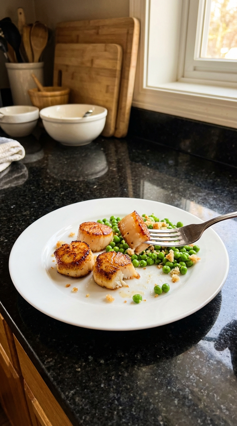 Crispy Seared Scallops with Peas